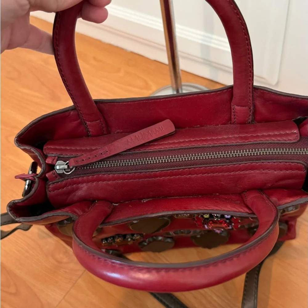 Maliparmi Burgundy Leather Satchel with Jewel Embellishments